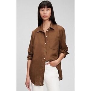 Linen Chocolate Brown Shirt Womens XXS Minimalist Lagom Quiet Luxury Travel‎ Gap